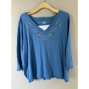 Basic Editions Woman Blue 3/4 Sleeve V-Neck Embroidered Knit Top 2X RN 42000